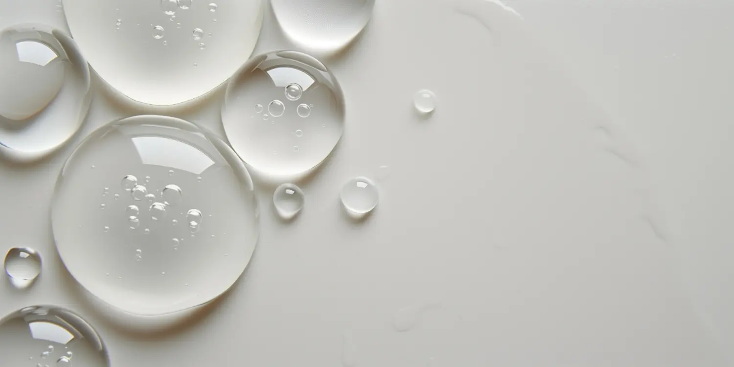 Eine Nahaufnahme eines weißen Hintergrunds mit einer Reihe klarer, runder Wassertropfen