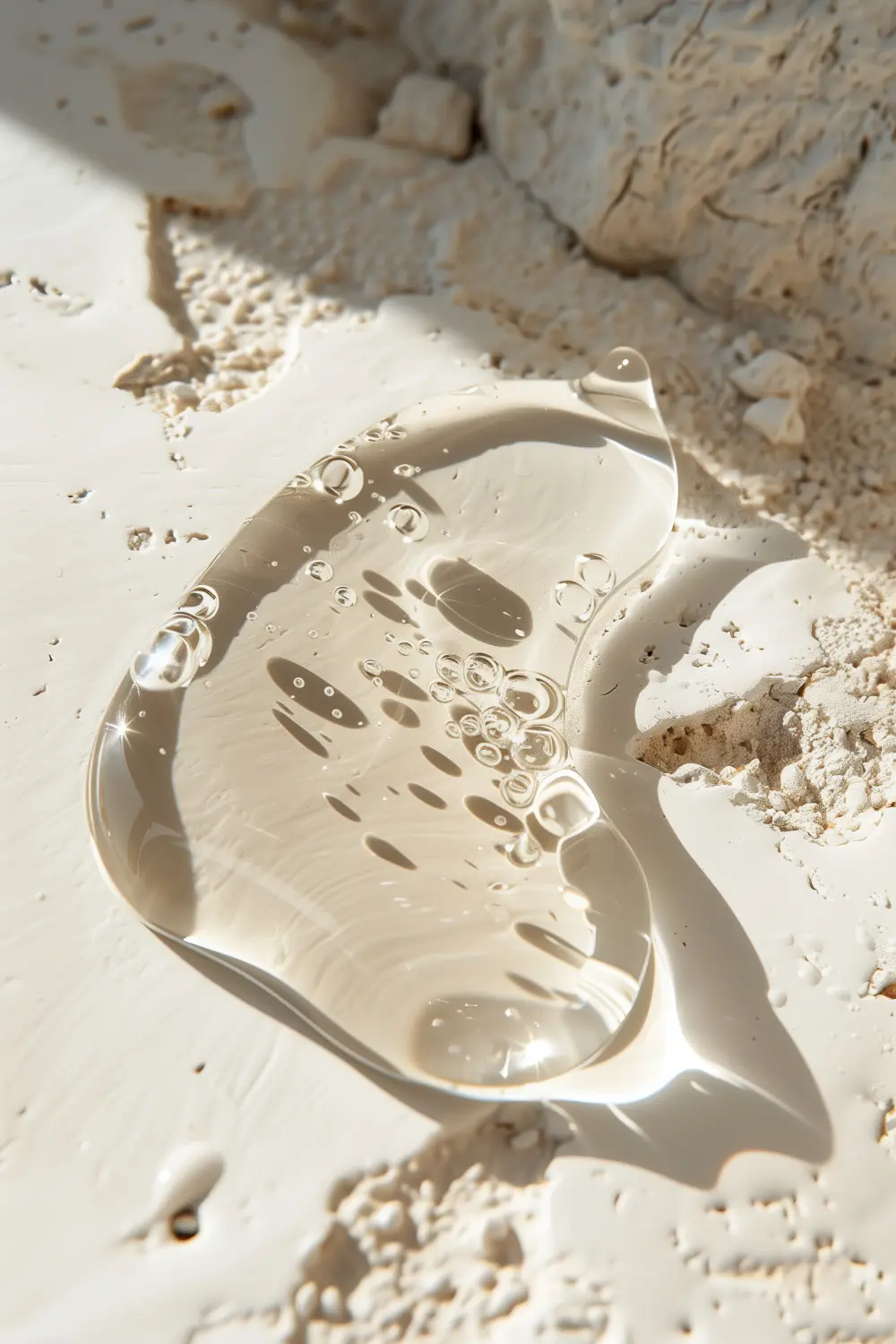 Klare, transparente, glatte Textur, Hautpflege-Gel-Serum-Flüssigkeit, verschmiert auf weißem Steinhintergrund, glänzende, sonnenscheinende Schatten. Schönheits- und Kosmetikkonzept.