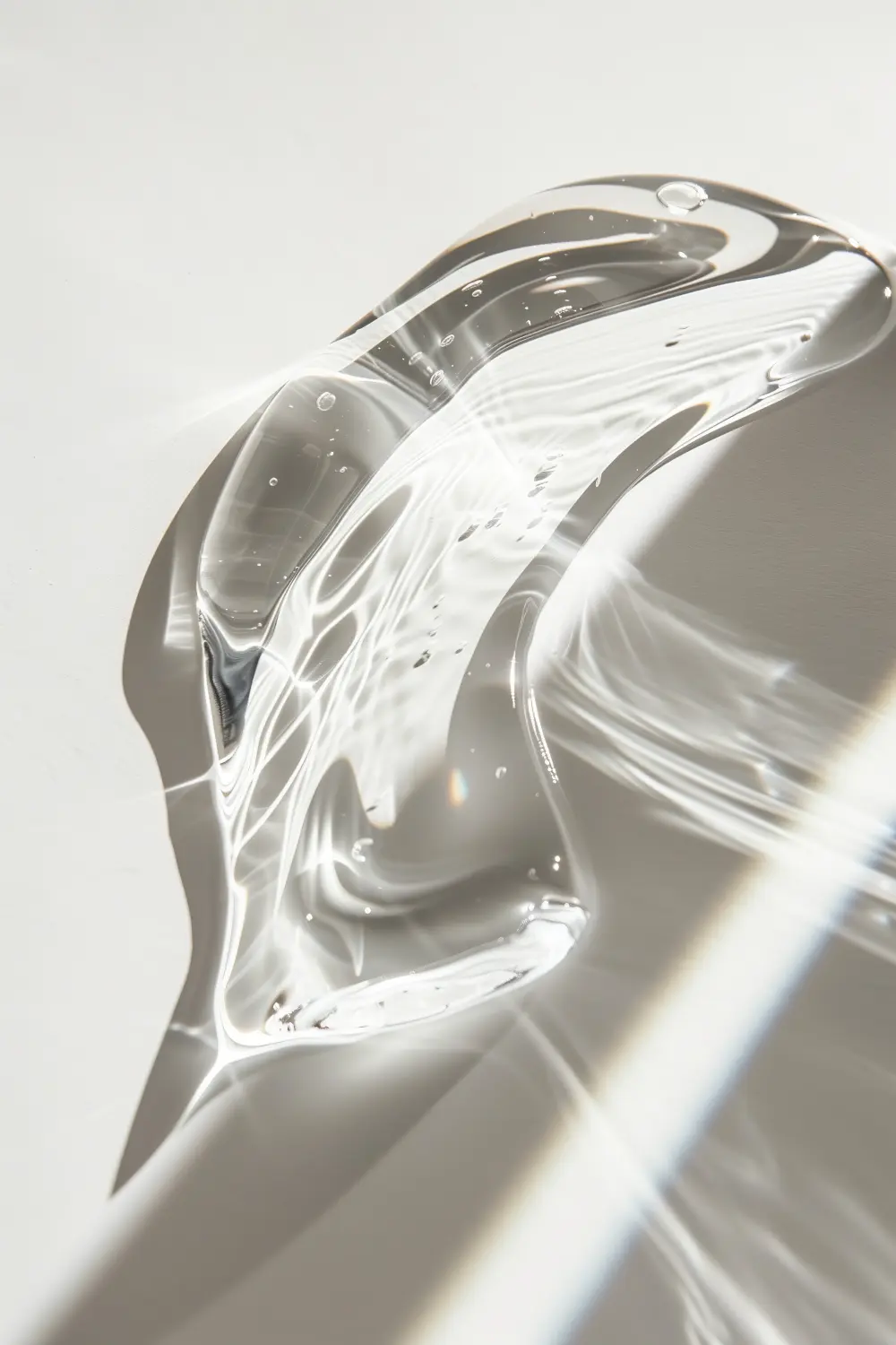 Klare, transparente Hautpflege-Gel-Serum-Flüssigkeit mit glatter Textur, verschmiert auf weißem Steinhintergrund, glänzende, sonnenscheinende Schatten. Schönheits- und Kosmetikkonzept.